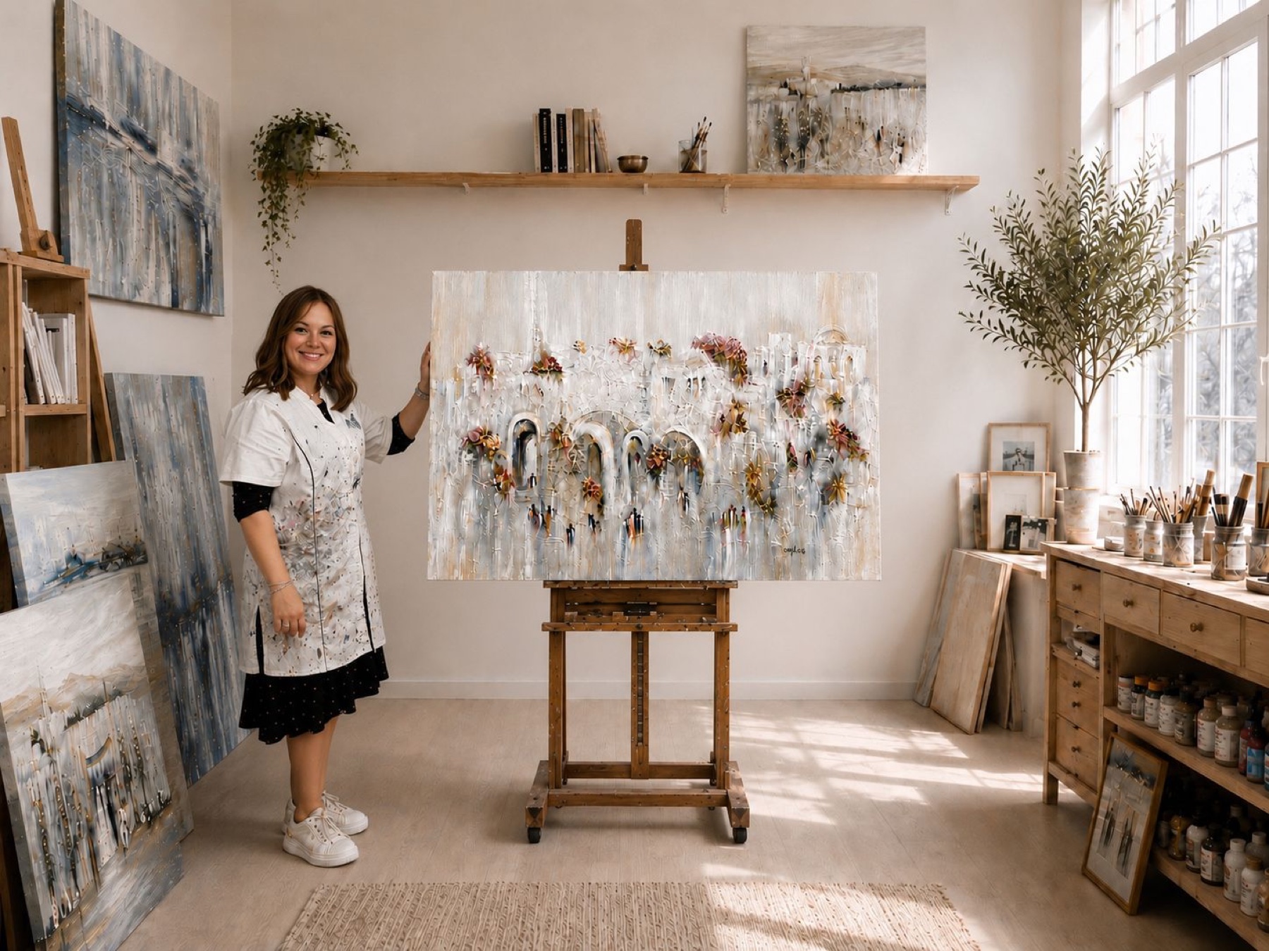 Gitty Fuchs dans son atelier avec l’œuvre Parent Prayer
