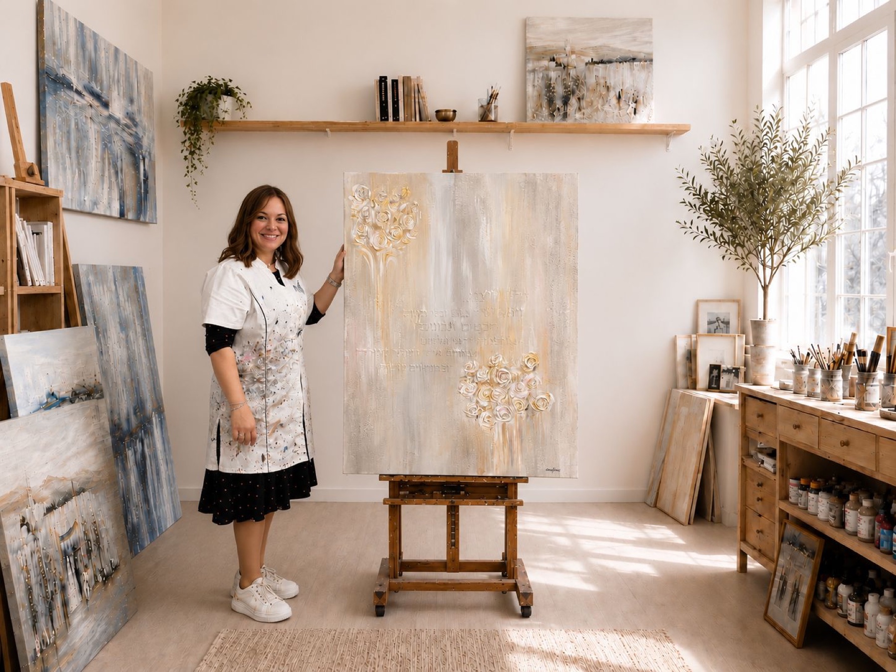Gitty Fuchs dans son atelier avec l’œuvre Eternal Spirit