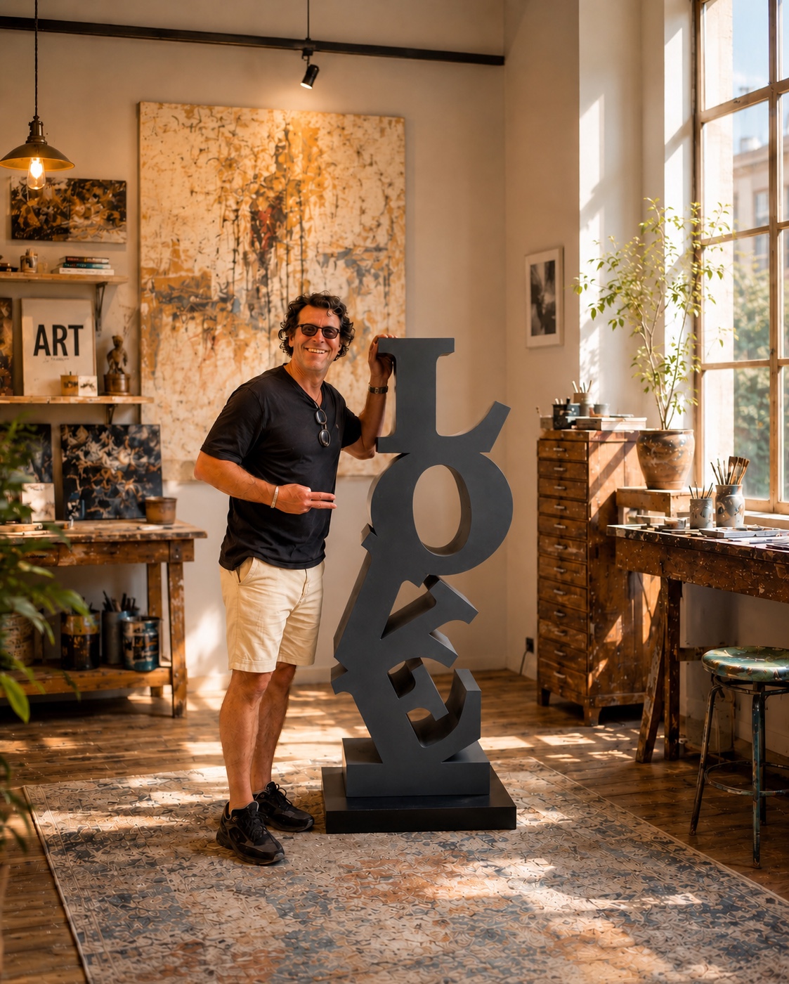 Gio présentant l’œuvre LOVE dans son atelier